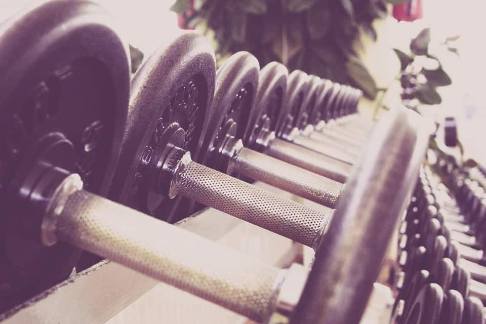handheld exercise weights on rack