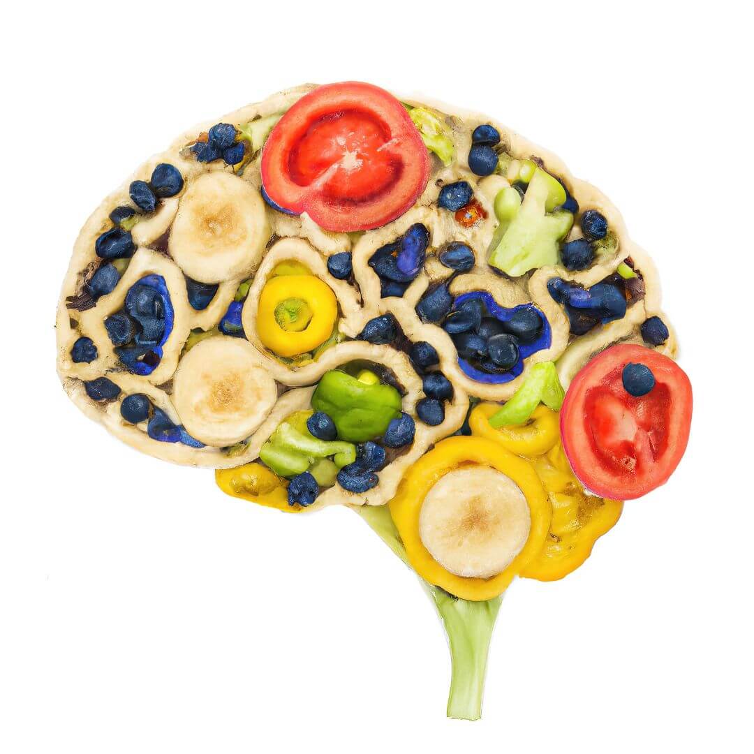 Vegetables and fruit displayed to form a shape of a brain.